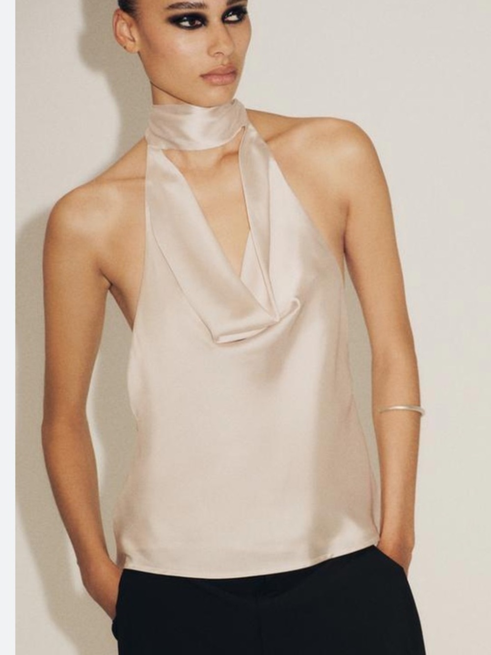 Zara Cream Satin Halter Cowl Top With Fringe Detail | M